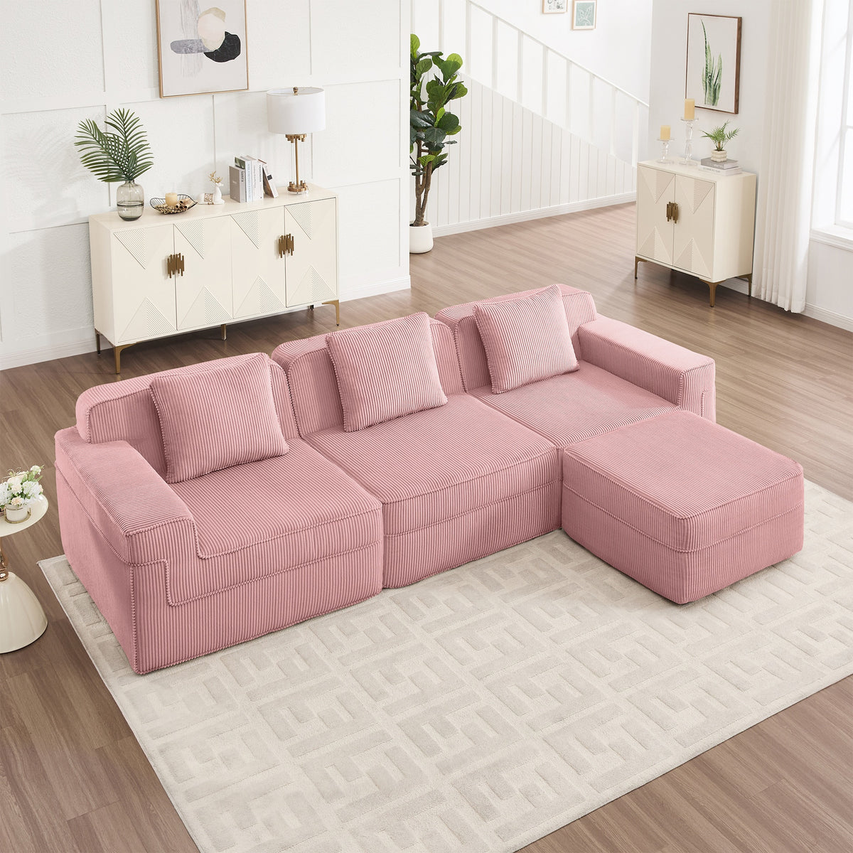 Modular 3 Seat L Shape Sectional Boneless Sofa, Cloud Sectional Couch with Deep Seat, Modern Modular 3-Seat Sofa Couch with Throw Pillows and 1 Movable Ottoman, Corduroy Fabric Pink