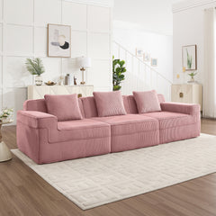 Modular 3 Seat Boneless Sofa, Cloud Sectional Couch with Deep Seat, Modern Modular 3-Seat Sofa Couch with Throw Pillows Corduroy Fabric Pink