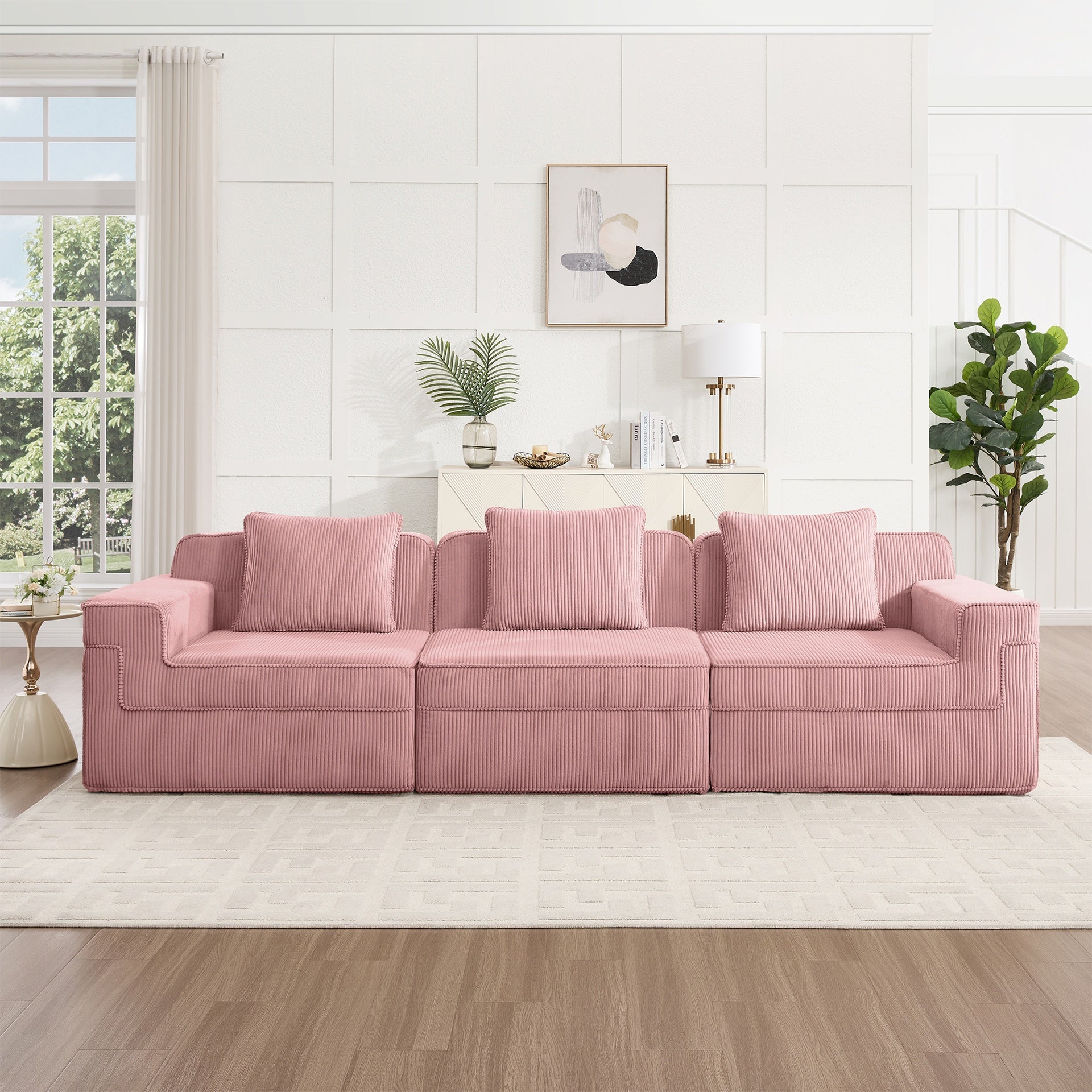 Modular 3 Seat Boneless Sofa, Cloud Sectional Couch with Deep Seat, Modern Modular 3-Seat Sofa Couch with Throw Pillows Corduroy Fabric Pink