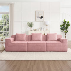 Modular 3 Seat Boneless Sofa, Cloud Sectional Couch with Deep Seat, Modern Modular 3-Seat Sofa Couch with Throw Pillows Corduroy Fabric Pink