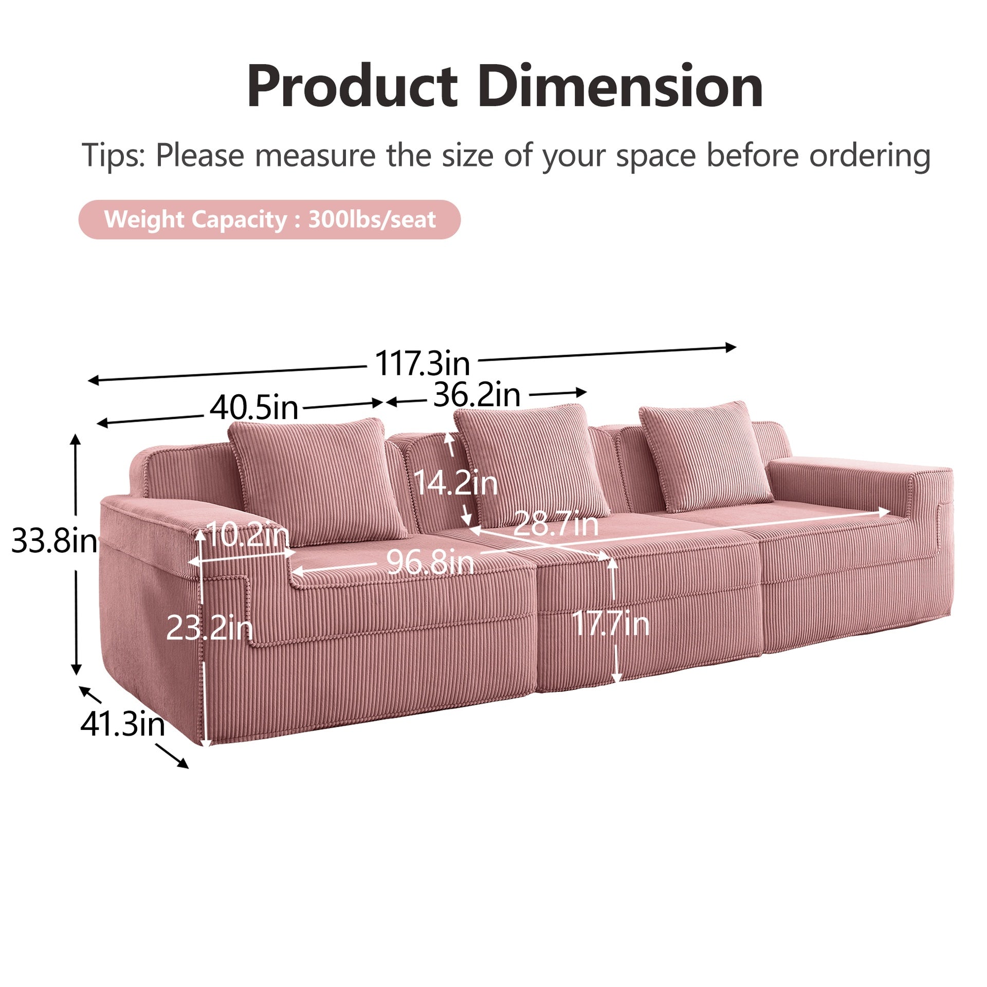 Modular 3 Seat Boneless Sofa, Cloud Sectional Couch with Deep Seat, Modern Modular 3-Seat Sofa Couch with Throw Pillows Corduroy Fabric Pink