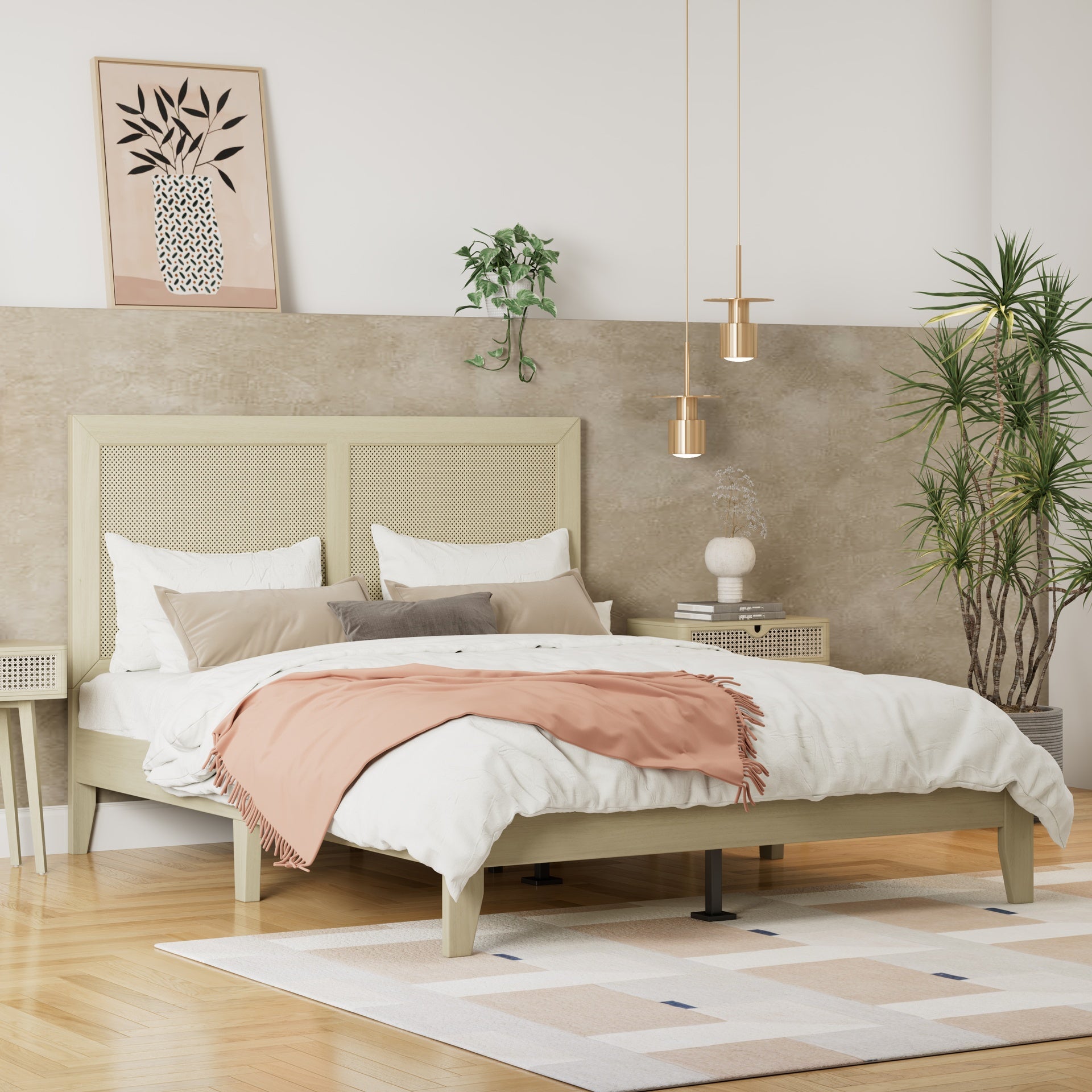 Solid Wood Platform Queen Bed With Rattan