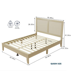 Solid Wood Platform Queen Bed With Rattan