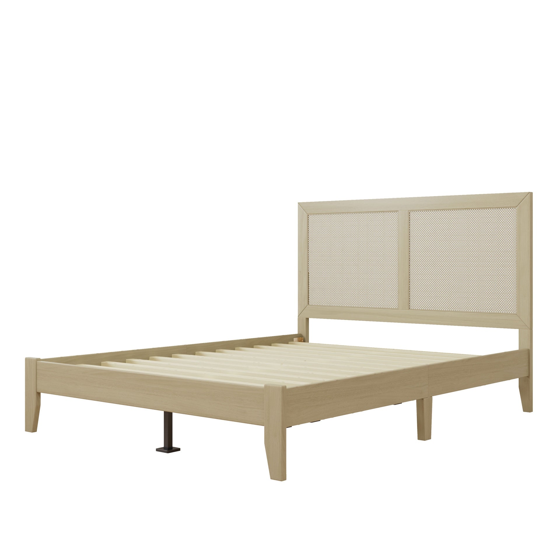 Solid Wood Platform Queen Bed With Rattan