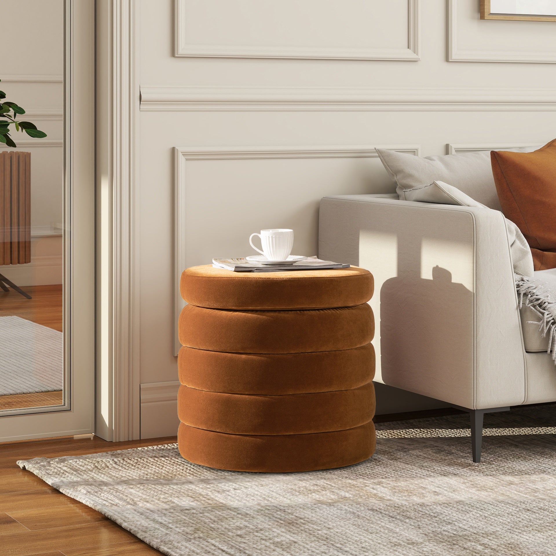 Fuji 19" Oversized Round Storage Ottoman, Burnt Orange   Performance Velvet