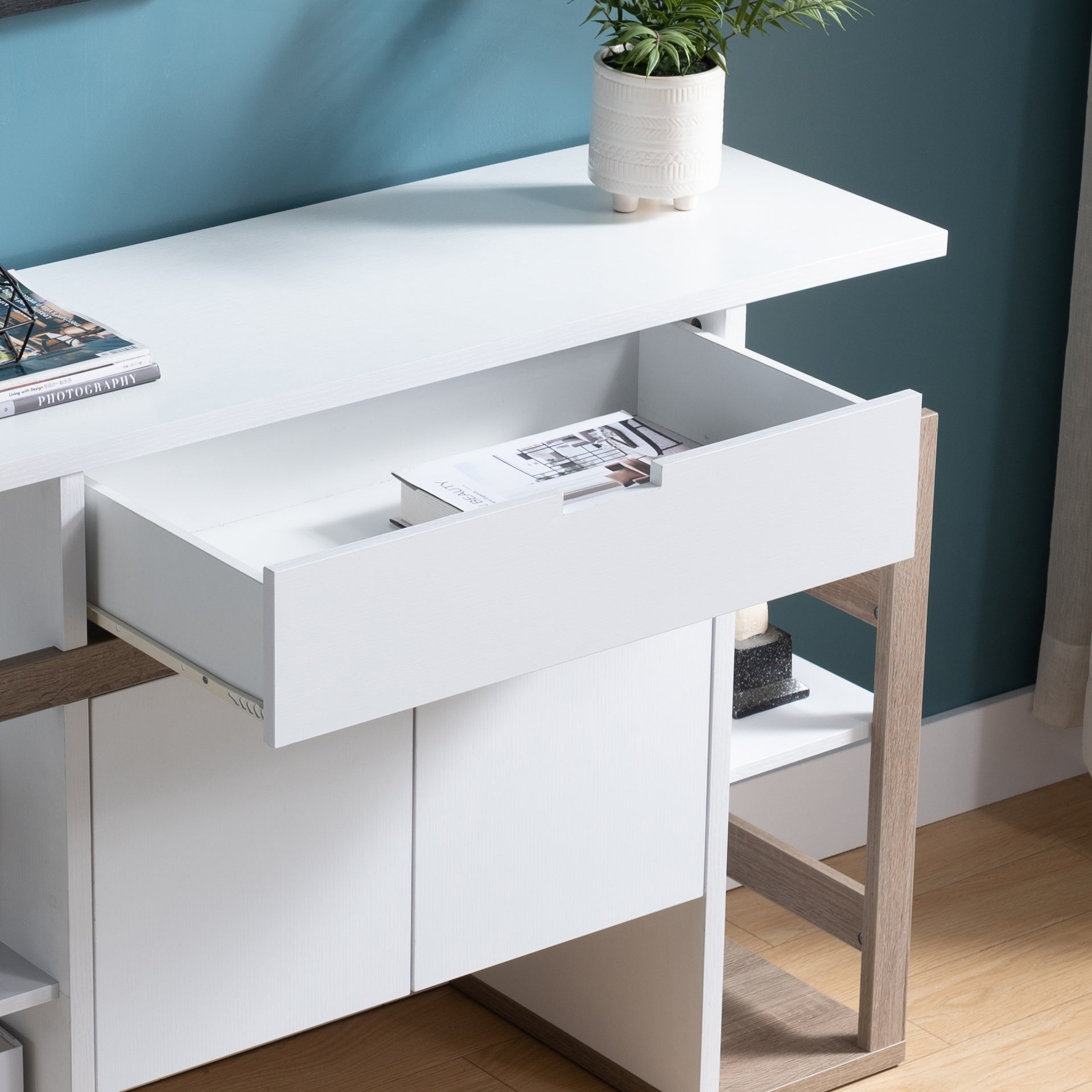 Modernize Kitchen Buffet Organizing Cabinet with 4 Shelves, White & Dark Taupe