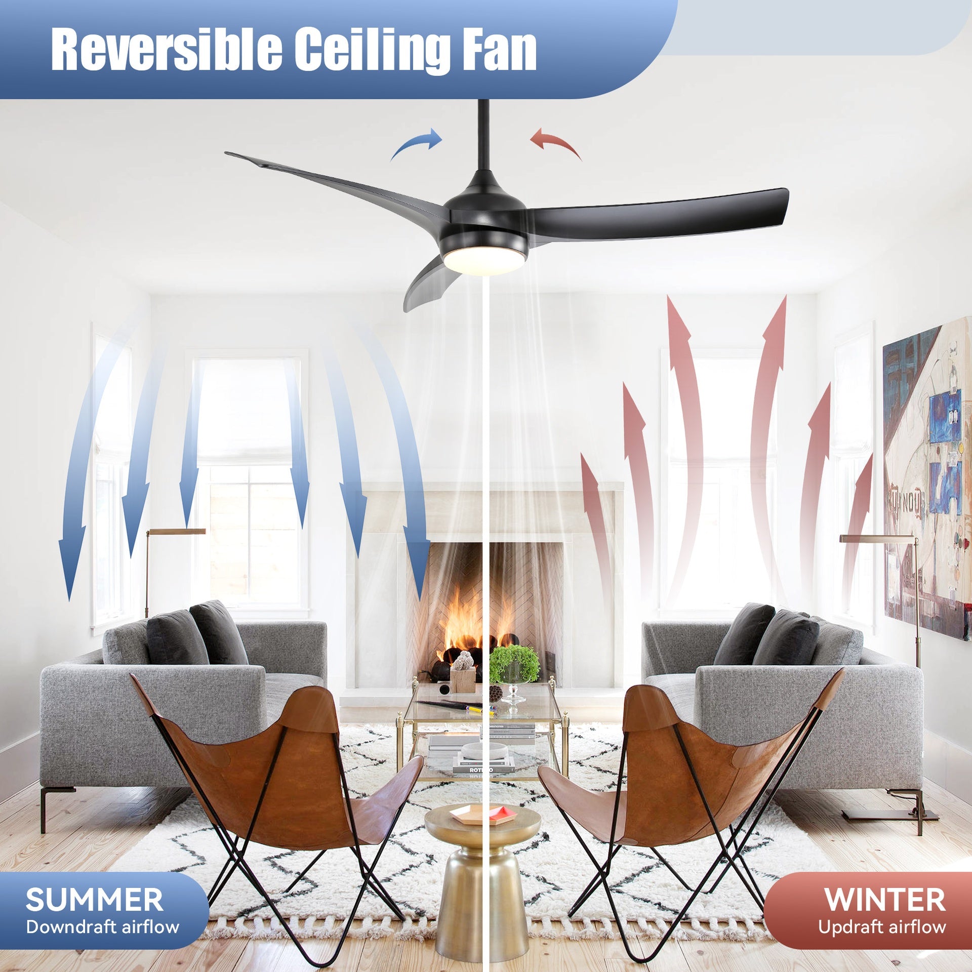52 Inch Modern Black Ceiling Fan with 18W LED Light and Remote Control 3 ABS Blades DC Motor for Bedroom Living Room