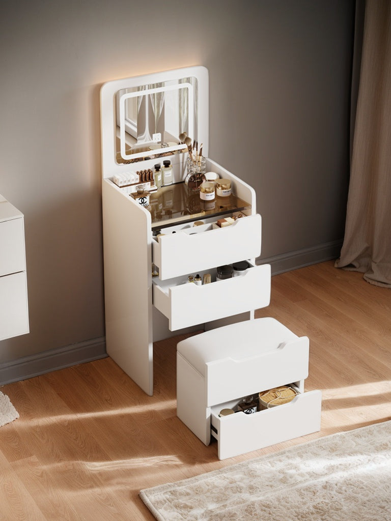 3 in 1 Vanity Desk with Plip Top Mirror, Small Make Up Vanity Set with Visible Glass Desktop, Compact Makeup Vanity with 3 Drawers, Dressing Table for Bedroom ( WHITE COLOR )