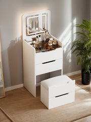 3 in 1 Vanity Desk with Plip Top Mirror, Small Make Up Vanity Set with Visible Glass Desktop, Compact Makeup Vanity with 3 Drawers, Dressing Table for Bedroom ( WHITE COLOR )