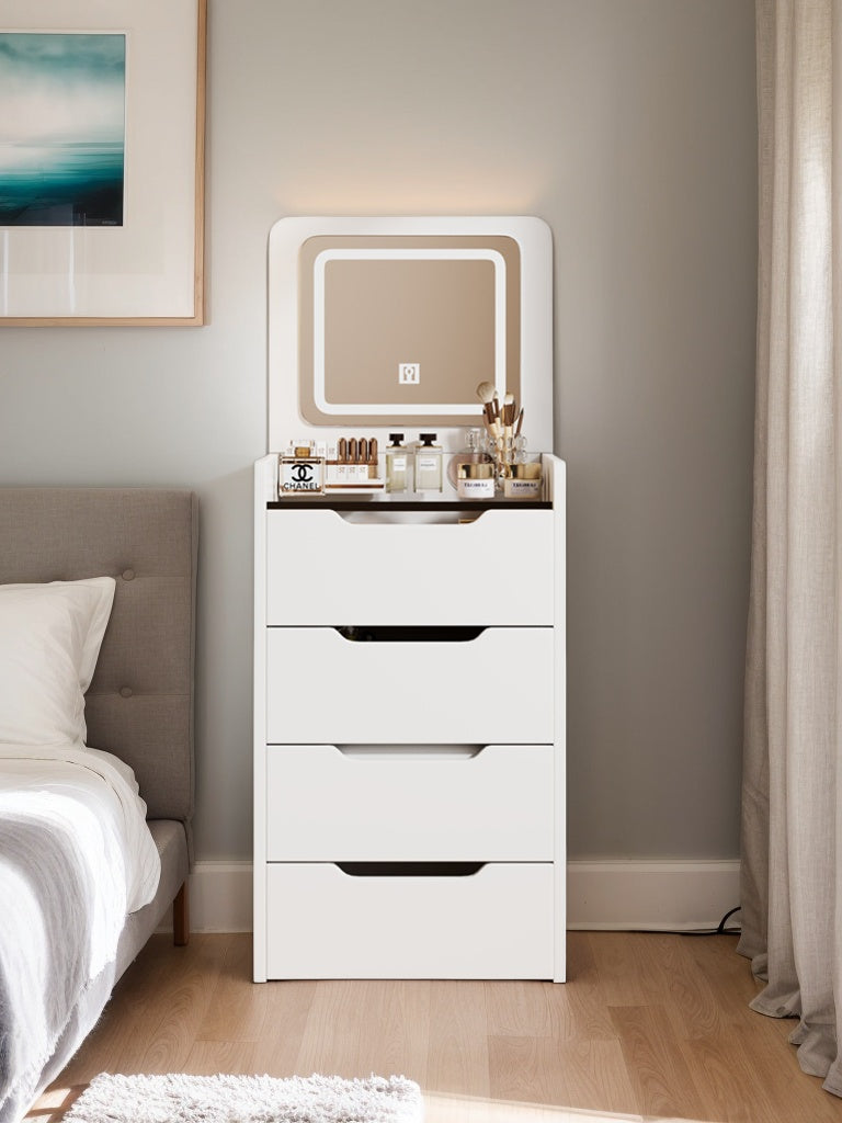 3 in 1 Vanity Desk with Plip Top Mirror, Small Make Up Vanity Set with Visible Glass Desktop, Compact Makeup Vanity with 3 Drawers, Dressing Table for Bedroom ( WHITE COLOR )