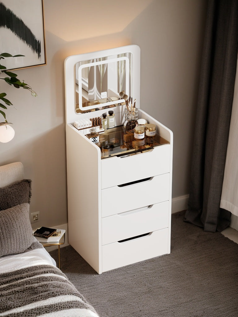 3 in 1 Vanity Desk with Plip Top Mirror, Small Make Up Vanity Set with Visible Glass Desktop, Compact Makeup Vanity with 3 Drawers, Dressing Table for Bedroom ( WHITE COLOR )