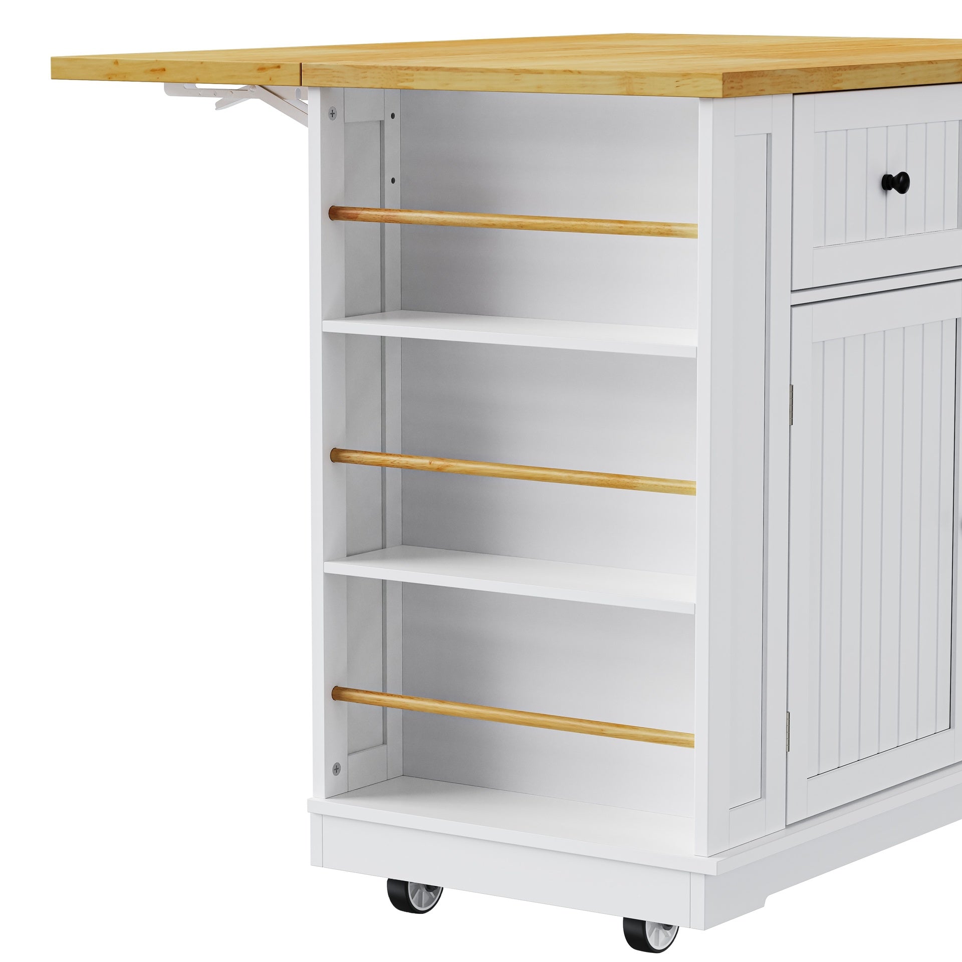 K&K 48inch Large Kitchen Island with 2 Bar Stools, Power Outlet, Door Internal Storage Rack, Kitchen Storage Cart on 5 Wheels with Drop Leaf, 5 Open Side Racks, 2 Drawers,White (Three Packages)