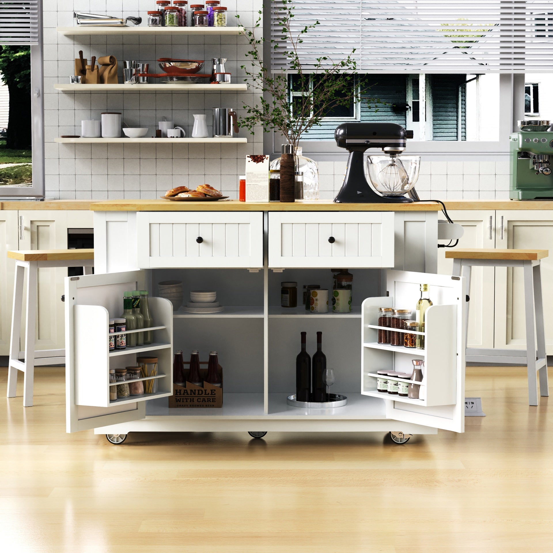 K&K 48inch Large Kitchen Island with 2 Bar Stools, Power Outlet, Door Internal Storage Rack, Kitchen Storage Cart on 5 Wheels with Drop Leaf, 5 Open Side Racks, 2 Drawers,White (Three Packages)