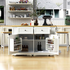 K&K 48inch Large Kitchen Island with 2 Bar Stools, Power Outlet, Door Internal Storage Rack, Kitchen Storage Cart on 5 Wheels with Drop Leaf, 5 Open Side Racks, 2 Drawers,White (Three Packages)