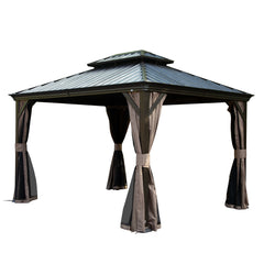 12' X 14' Hardtop Gazebo, Upgraded Metal Gazebo with Drainage System, Dual-Layer Galvanized Steel Roof, Curtain and Netting, Outdoor Shelter Canopy for Patio, Garden, and Backyard, Brown
