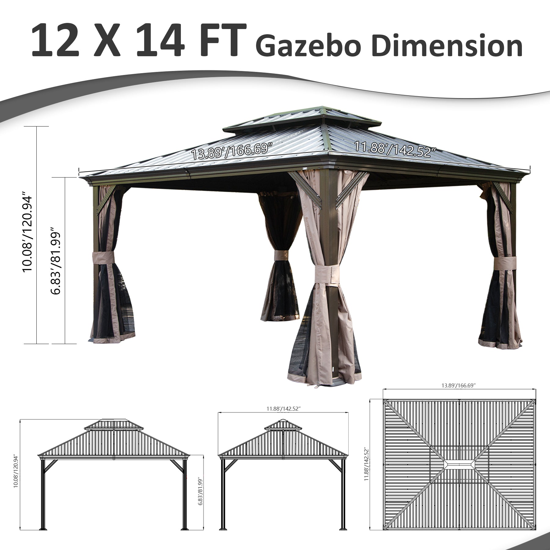 12' X 14' Hardtop Gazebo, Upgraded Metal Gazebo with Drainage System, Dual-Layer Galvanized Steel Roof, Curtain and Netting, Outdoor Shelter Canopy for Patio, Garden, and Backyard, Brown