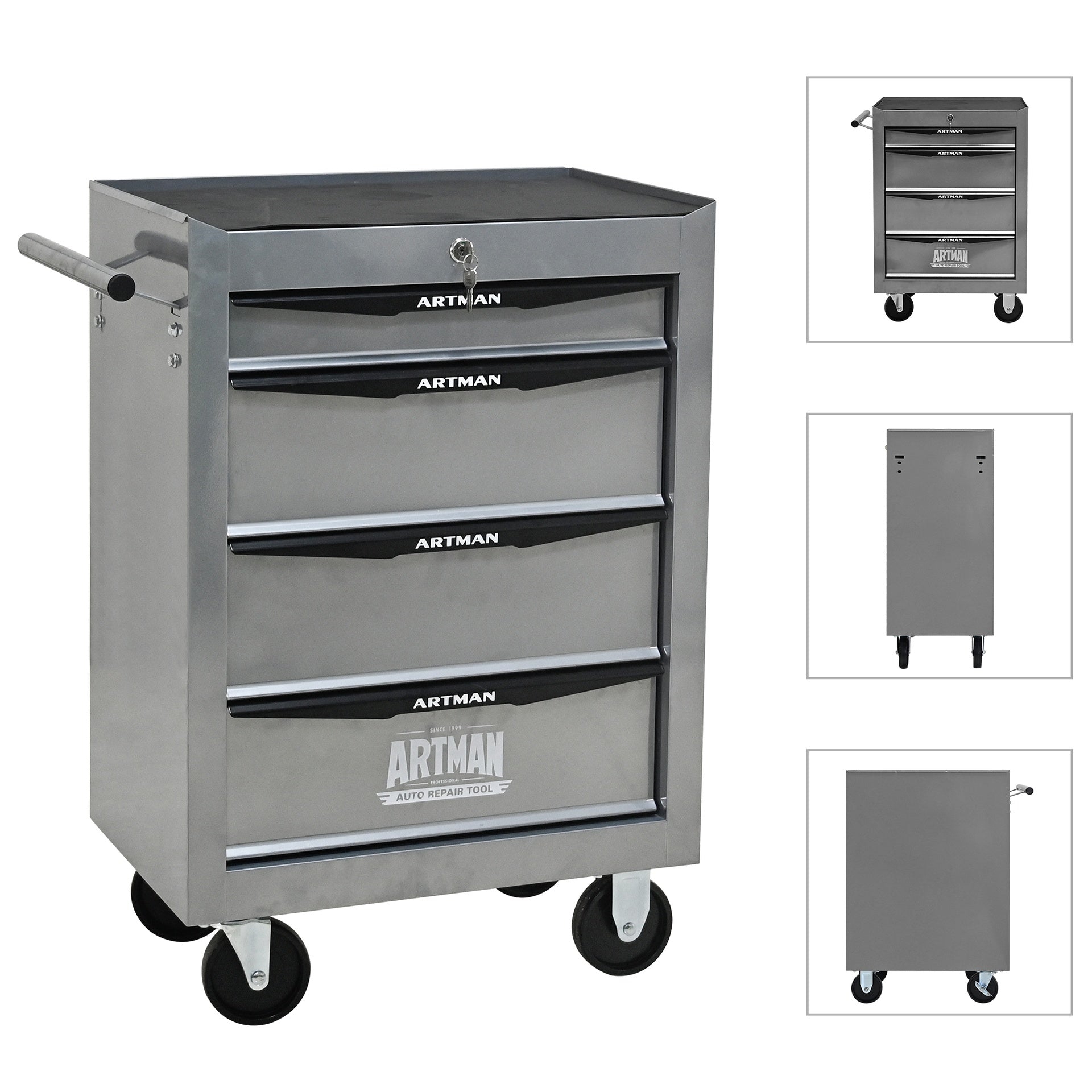 Rolling Metal Tool Chest with 4 Drawers, 20" 4-Drawer Tool Chest Cabinet with Ball Bearing Drawer Slides, Steel Tool Storage Box Organizer -SILVER