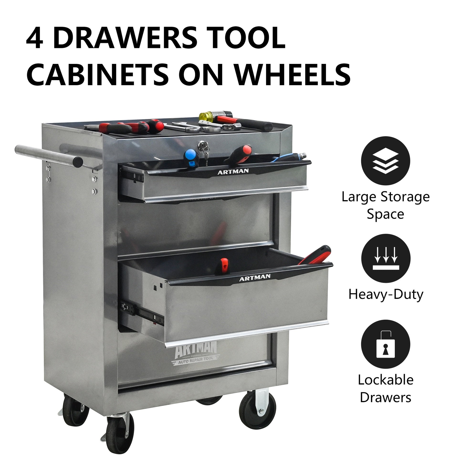 Rolling Metal Tool Chest with 4 Drawers, 20" 4-Drawer Tool Chest Cabinet with Ball Bearing Drawer Slides, Steel Tool Storage Box Organizer -SILVER
