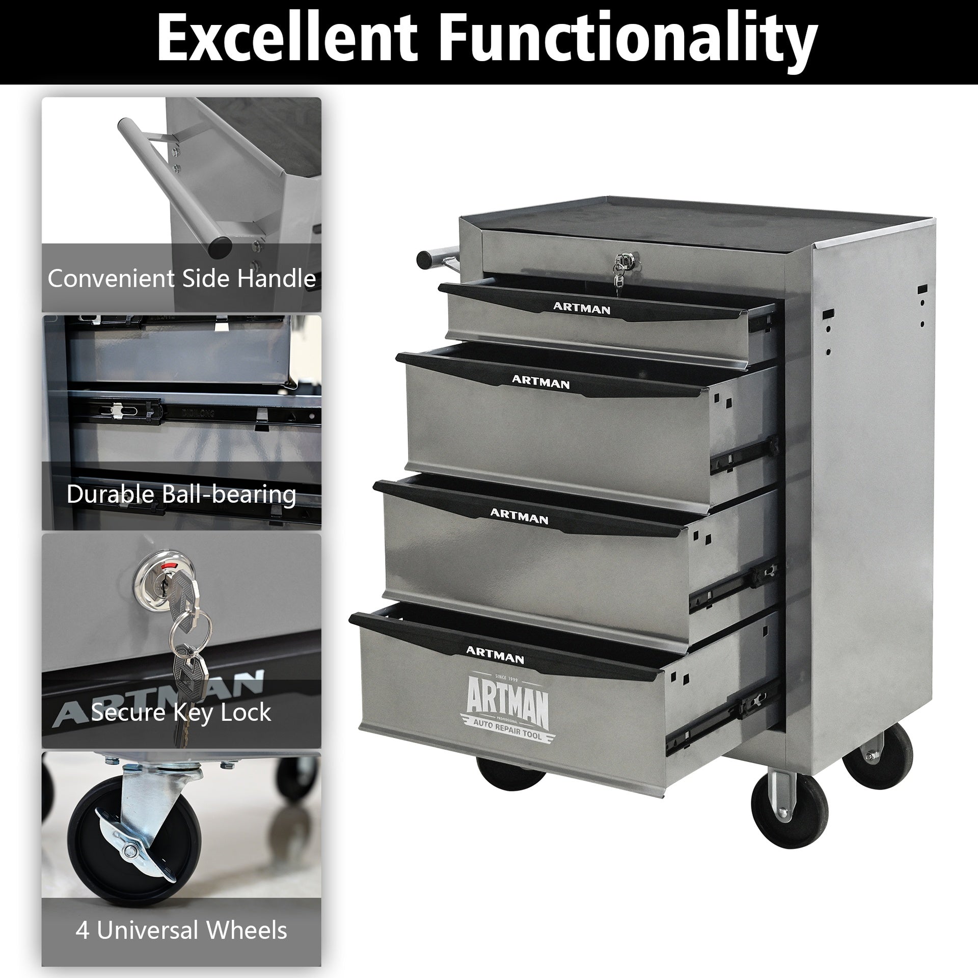 Rolling Metal Tool Chest with 4 Drawers, 20" 4-Drawer Tool Chest Cabinet with Ball Bearing Drawer Slides, Steel Tool Storage Box Organizer -SILVER