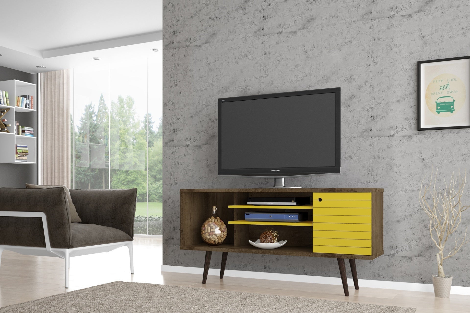 TV Stand in Rustic Brown and Yellow