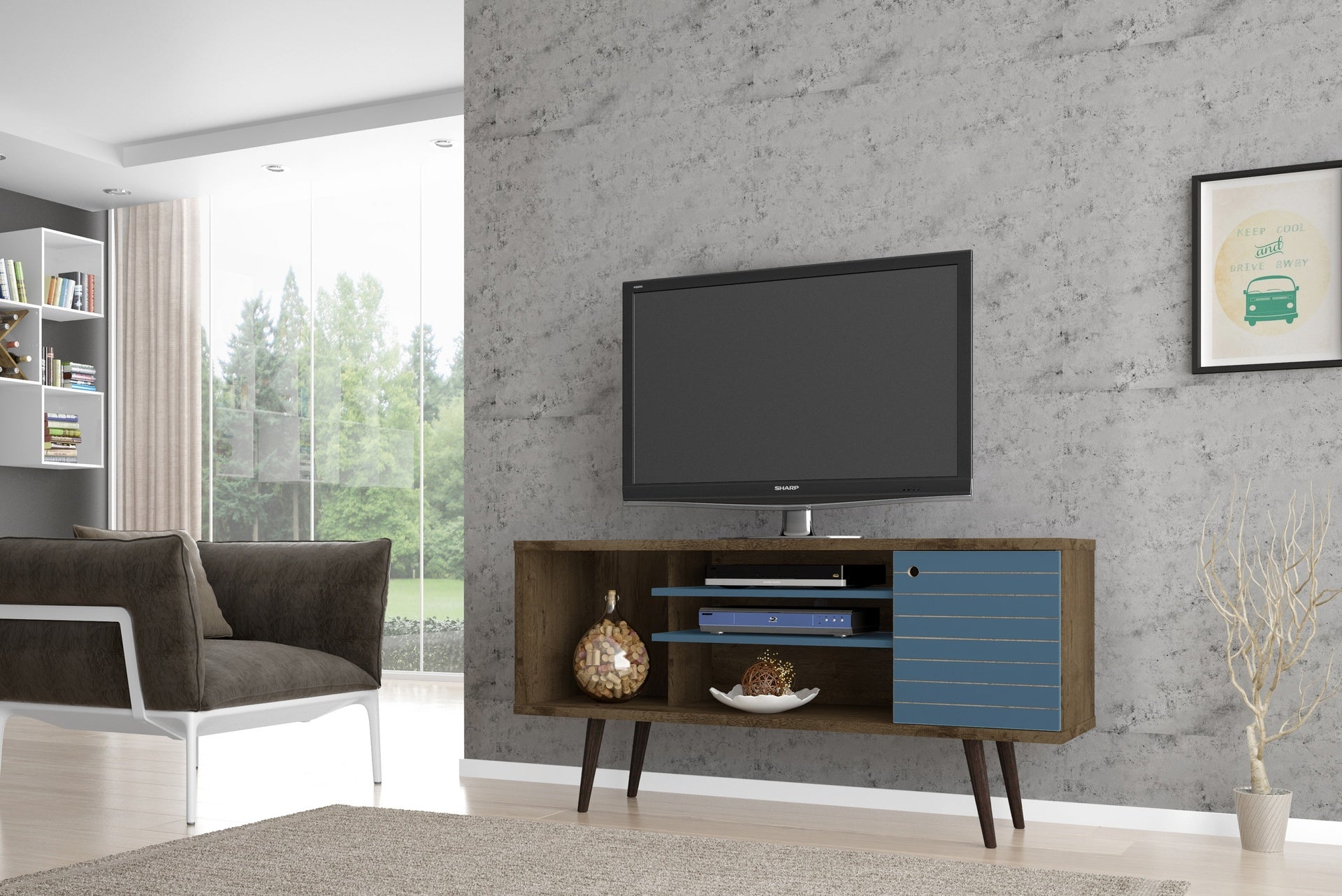 TV Stand in Rustic Brown and Blue Slate