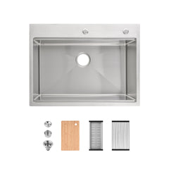 Stainless Steel Kitchen Sink, 30″x22″ Single Bowl, Overmount Handmade Sink in Brushed, with Cutting Board, Colander