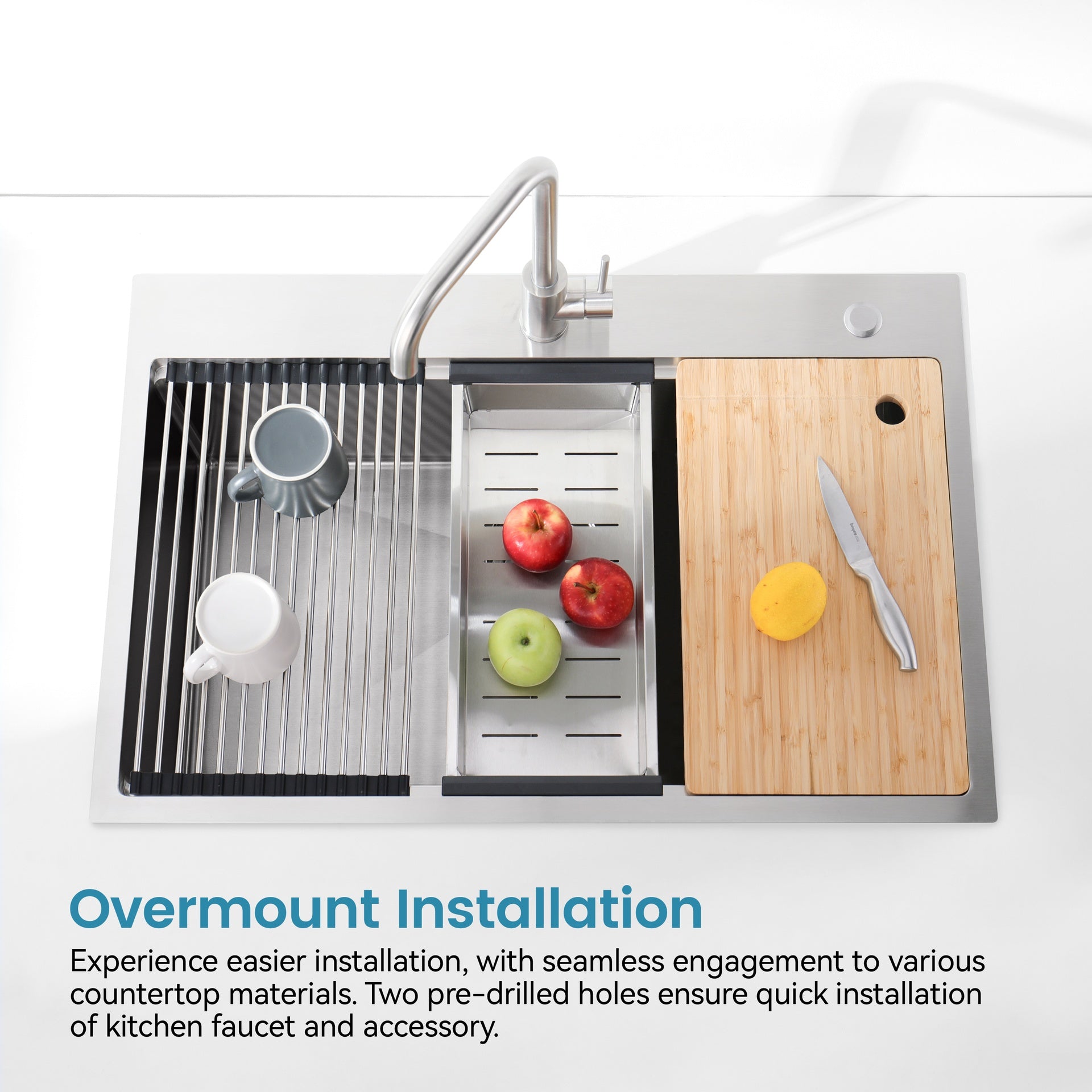 Stainless Steel Kitchen Sink, 30″x22″ Single Bowl, Overmount Handmade Sink in Brushed, with Cutting Board, Colander