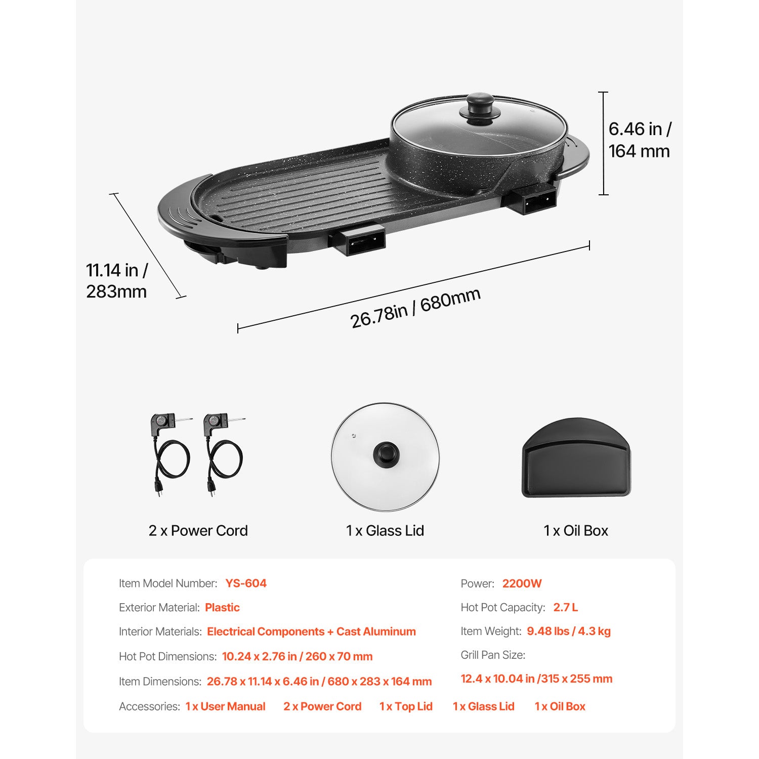 Hot Pot with Grill 2200W 2-in-1 Electric Smokeless Grill Hot Pot for 1-6 People