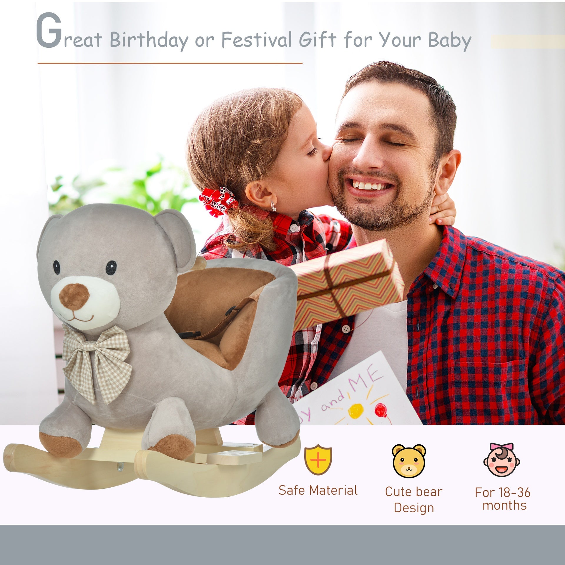 Qaba Kids Rocking Horse, Bear-Shaped Plush Toddler Ride on Horse with Sound, Wooden Base & Safety Belt for 18-36 Months, Gray