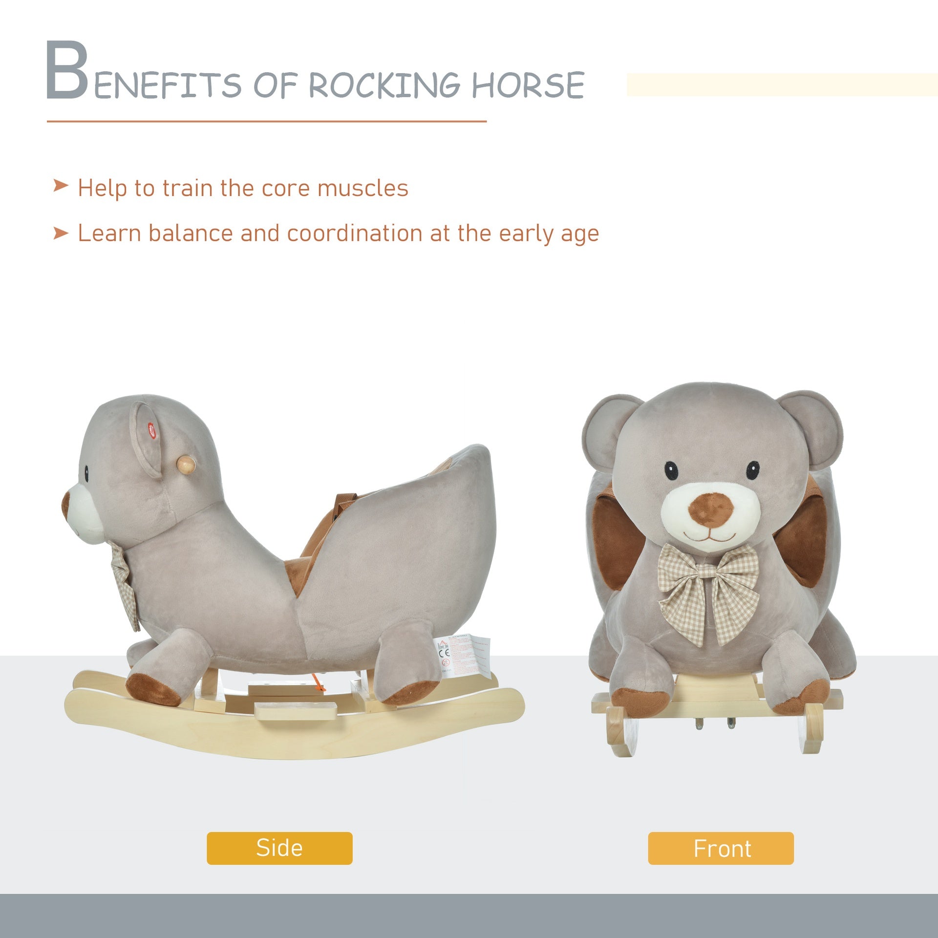 Qaba Kids Rocking Horse, Bear-Shaped Plush Toddler Ride on Horse with Sound, Wooden Base & Safety Belt for 18-36 Months, Gray
