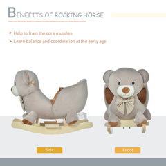Qaba Kids Rocking Horse, Bear-Shaped Plush Toddler Ride on Horse with Sound, Wooden Base & Safety Belt for 18-36 Months, Gray