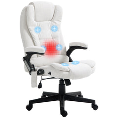 HOMCOM 6 Point Vibrating Massage Office Chair with Heat, Linen High Back Executive Office Chair with Reclining Backrest, Padded Armrests and Remote, Cream White