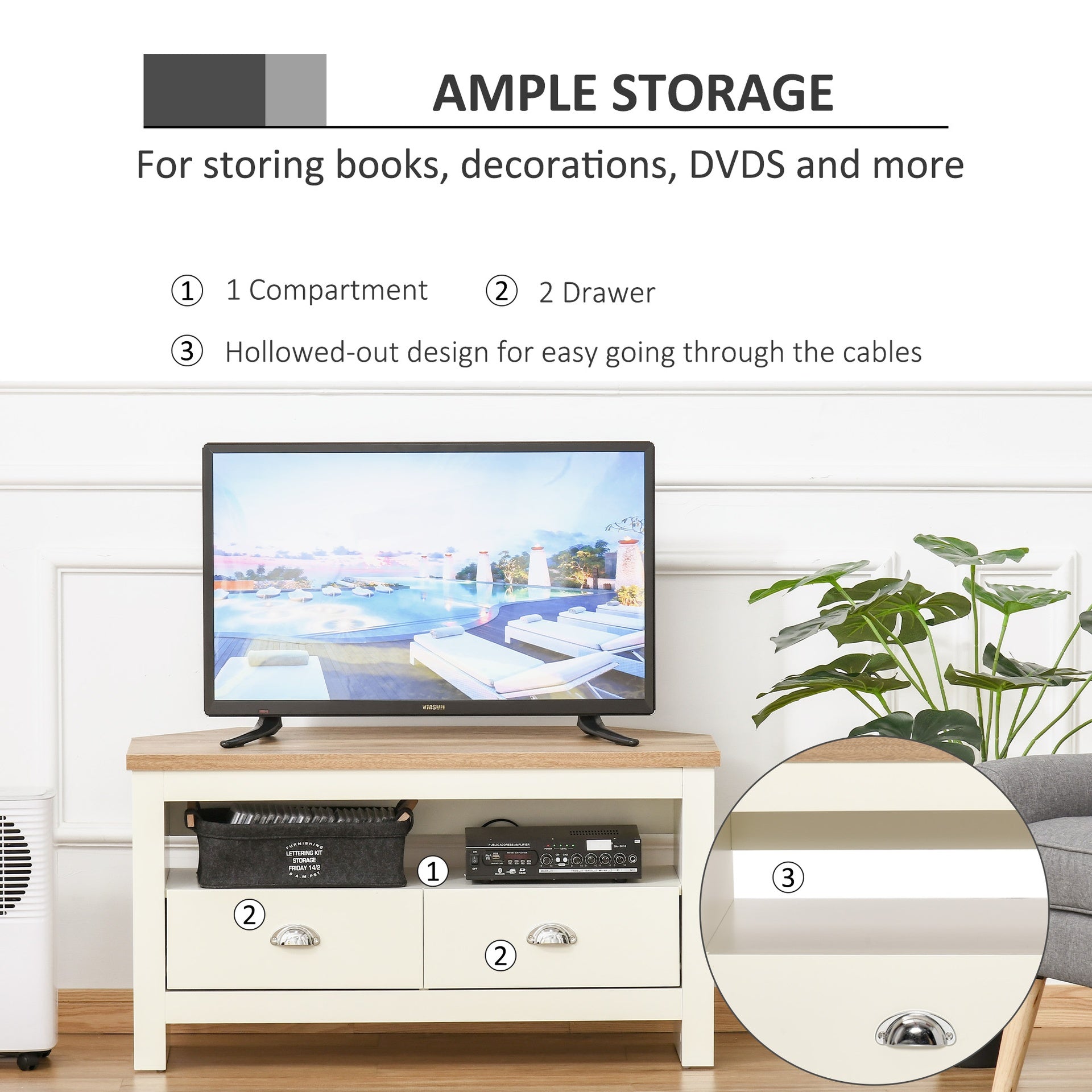 HOMCOM Corner TV Stand Up To 50", Entertainment Center TV Console Table with Drawers and Open Storage Compartment for Living Room, White