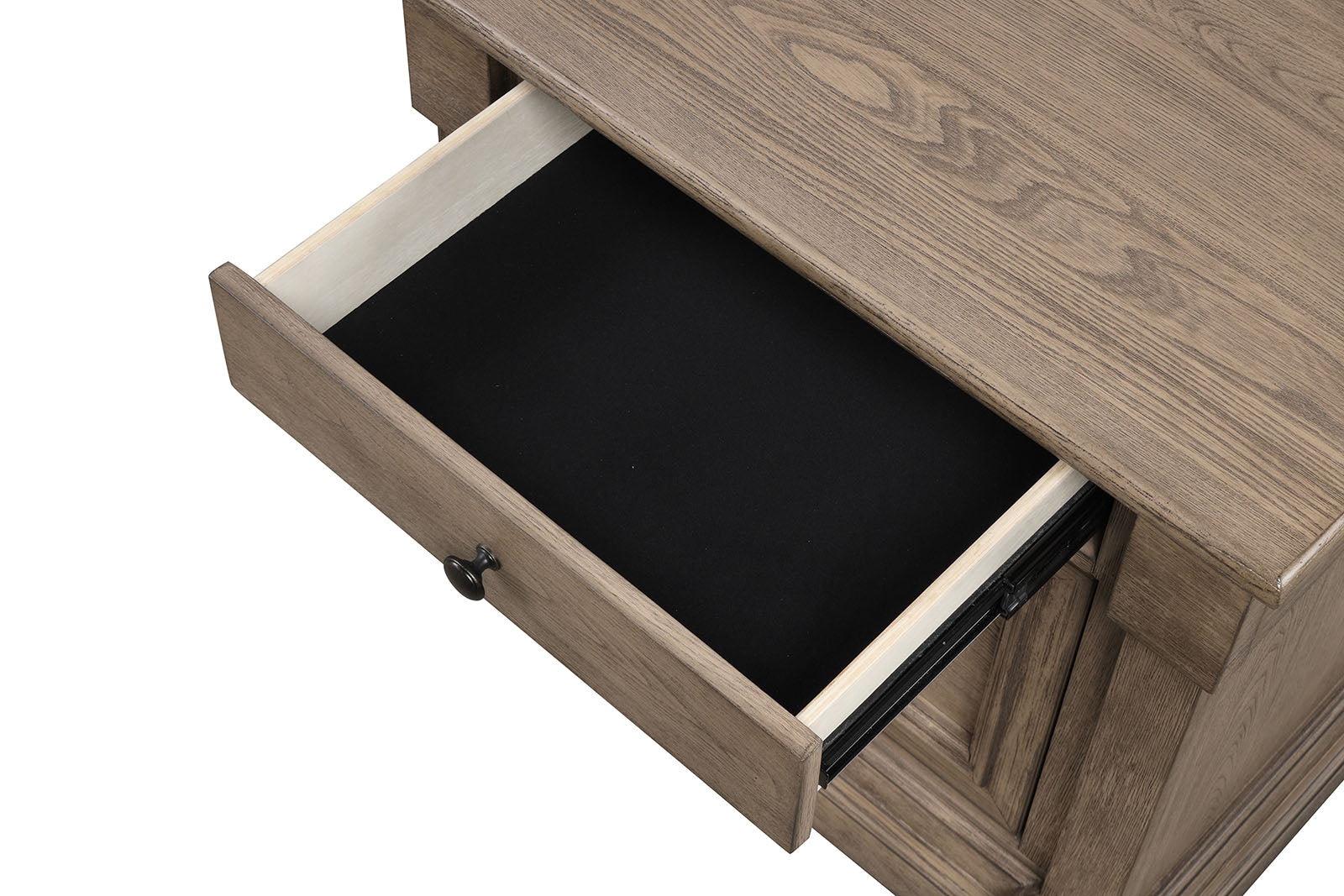 French And English Dovetail Dovetail Drawer Nightstand 1pc Metal Handle And Knob Felt Lined Top Drawer Weathered Gray Finish Transitional Bedroom Furniture