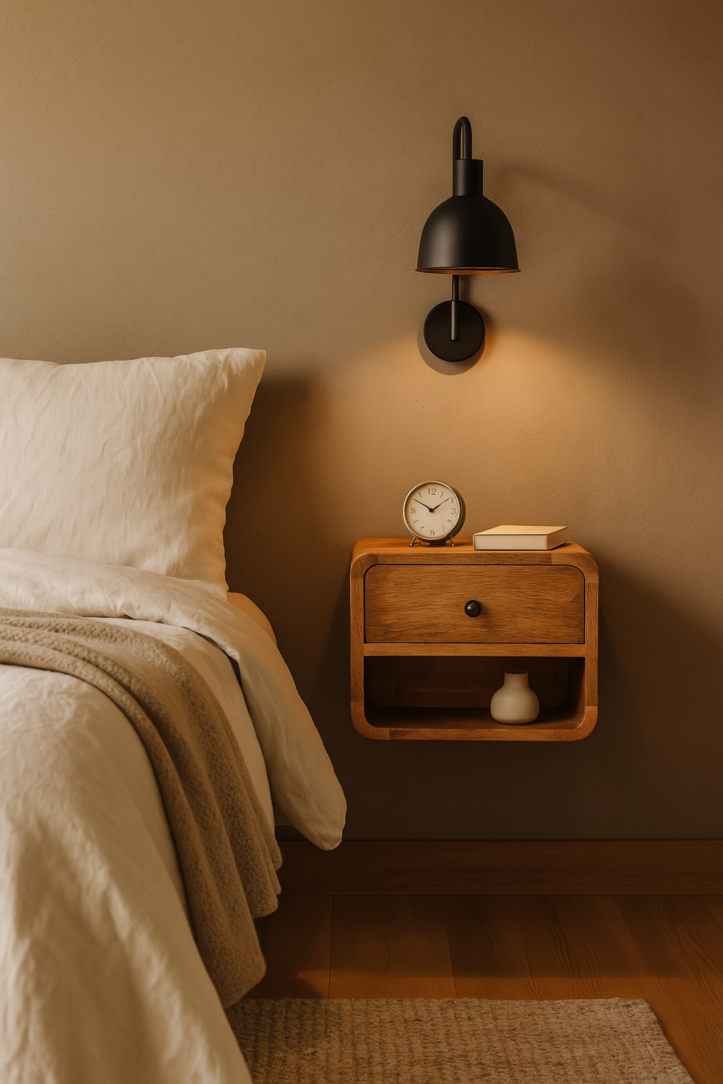 Solid Wood Mini Oak-ish Floating Open Bedside, 1-Drawer