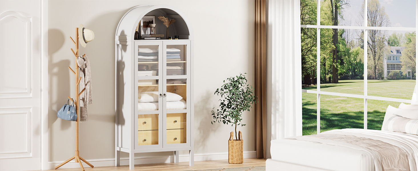 Modern Arched Cabinet with Glass Doors,72" Tall Auto Sensor Light Farmhouse Arch Storage Cabinet with Height Adjustable Shelf and 2 Drawers Display Bookshelf in White Oak Wood Grain