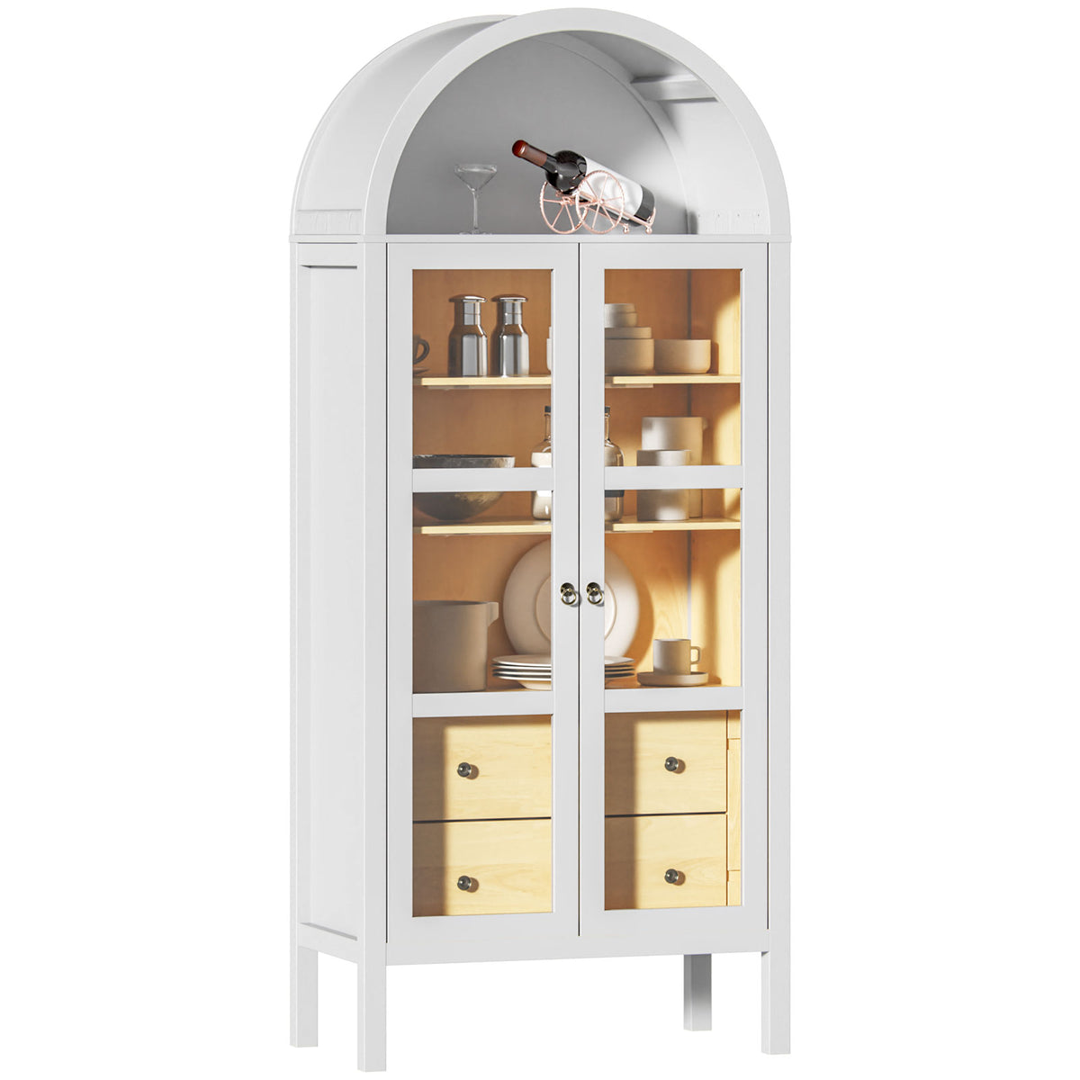 Modern Arched Cabinet with Glass Doors,72" Tall Auto Sensor Light Farmhouse Arch Storage Cabinet with Height Adjustable Shelf and 2 Drawers Display Bookshelf in White Oak Wood Grain