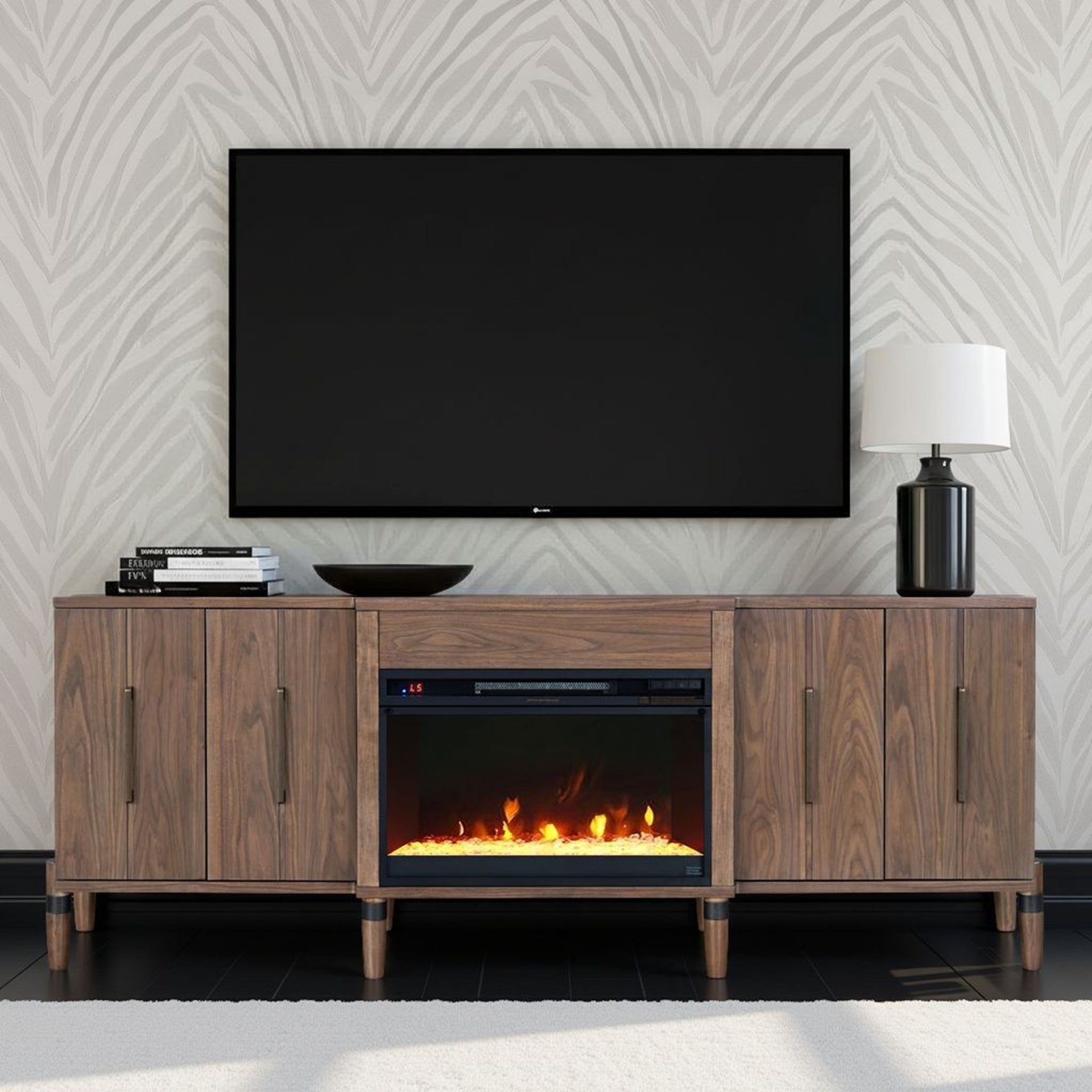 Tranquility 78 inch Fireplace TV Stand for TVs up to 90 inches, Minimal Assembly, Walnut Finish