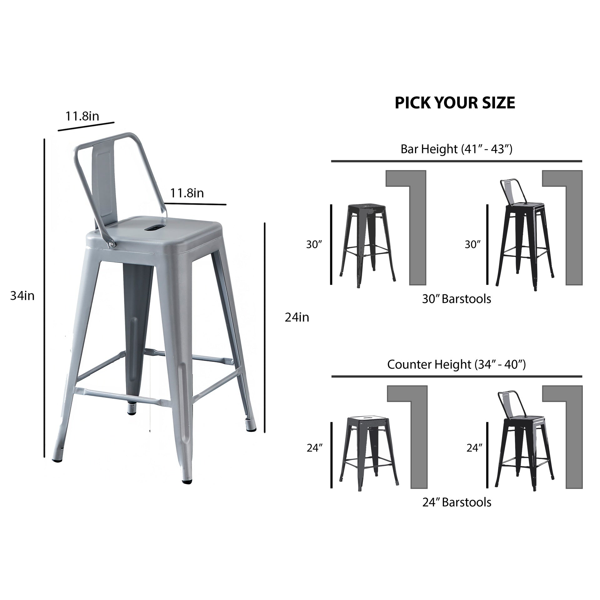 Modern Light Weight Industrial Contemporary Rustic Vintage Costal Metal Barstools with Bucket Back and 4 Leg Design, Seat Bar Stools (Set of 2) (24" Seat, Distressed White)