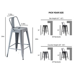 Modern Light Weight Industrial Contemporary Rustic Vintage Costal Metal Barstools with Bucket Back and 4 Leg Design, Seat Bar Stools (Set of 2) (24" Seat, Distressed White)