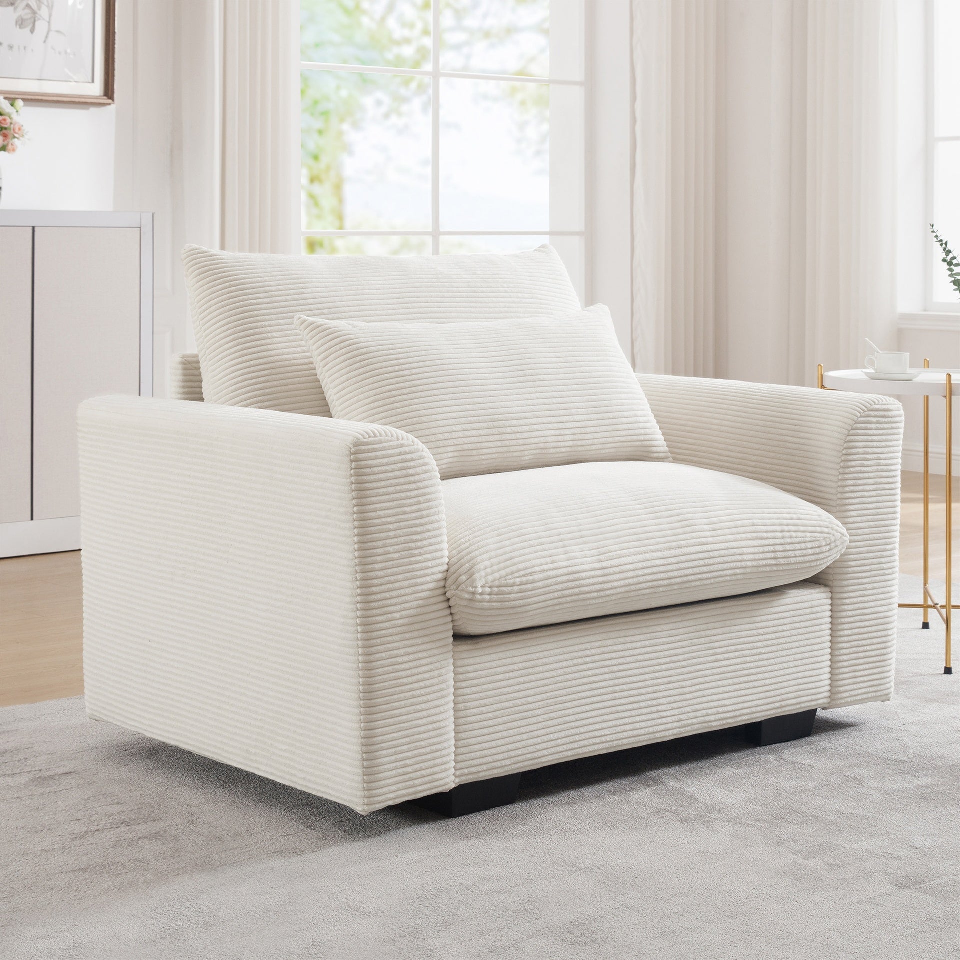 Beige Corduroy Deep Seat Single Sofa Accent Chair,Deep Seat Couch with Waist Pillow for Living Room/Apartment/Office