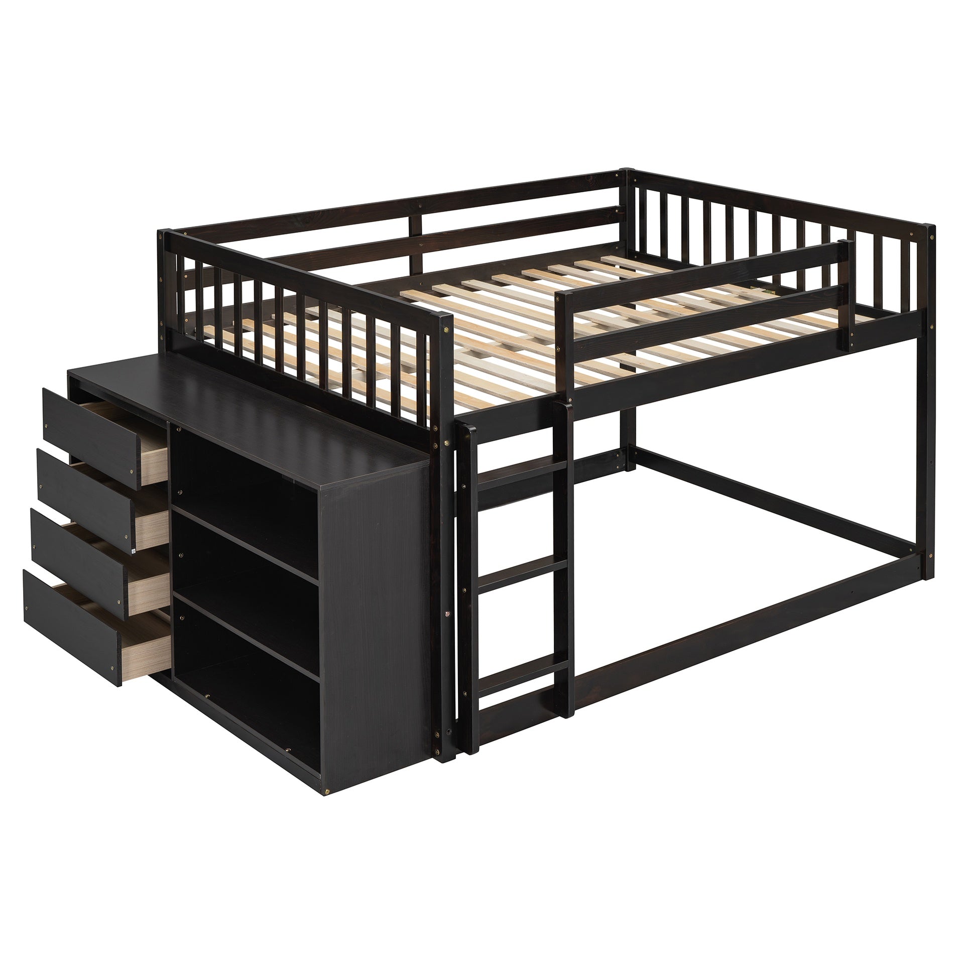 Full over Full Bunk Bed with 4 Drawers and 3 Shelves-Espresso