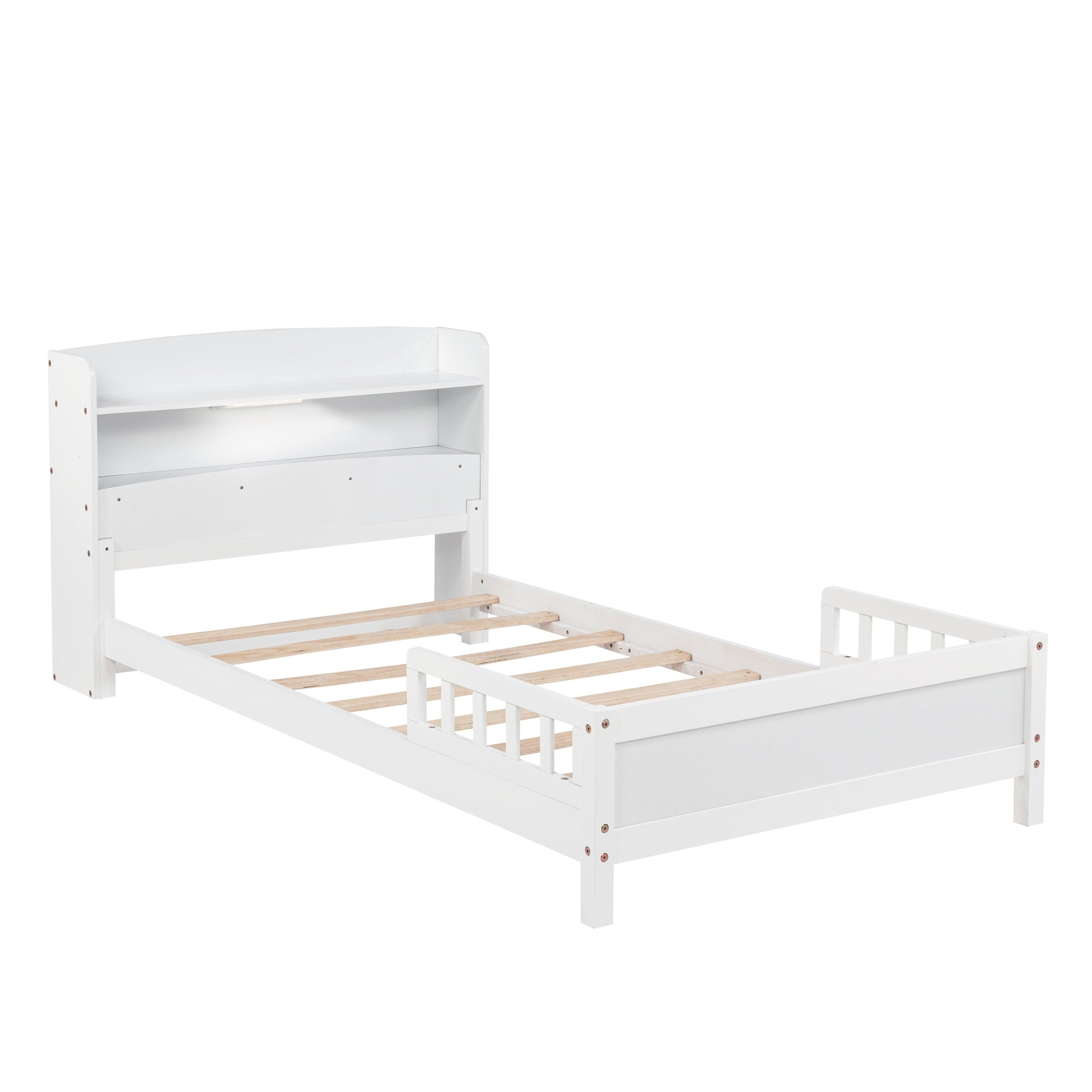 Twin Pine Wood Bed with Bookcase Headboard ,LED Motion Sensor Light, Guardrails,White