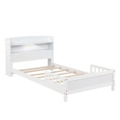 Twin Pine Wood Bed with Bookcase Headboard ,LED Motion Sensor Light, Guardrails,White