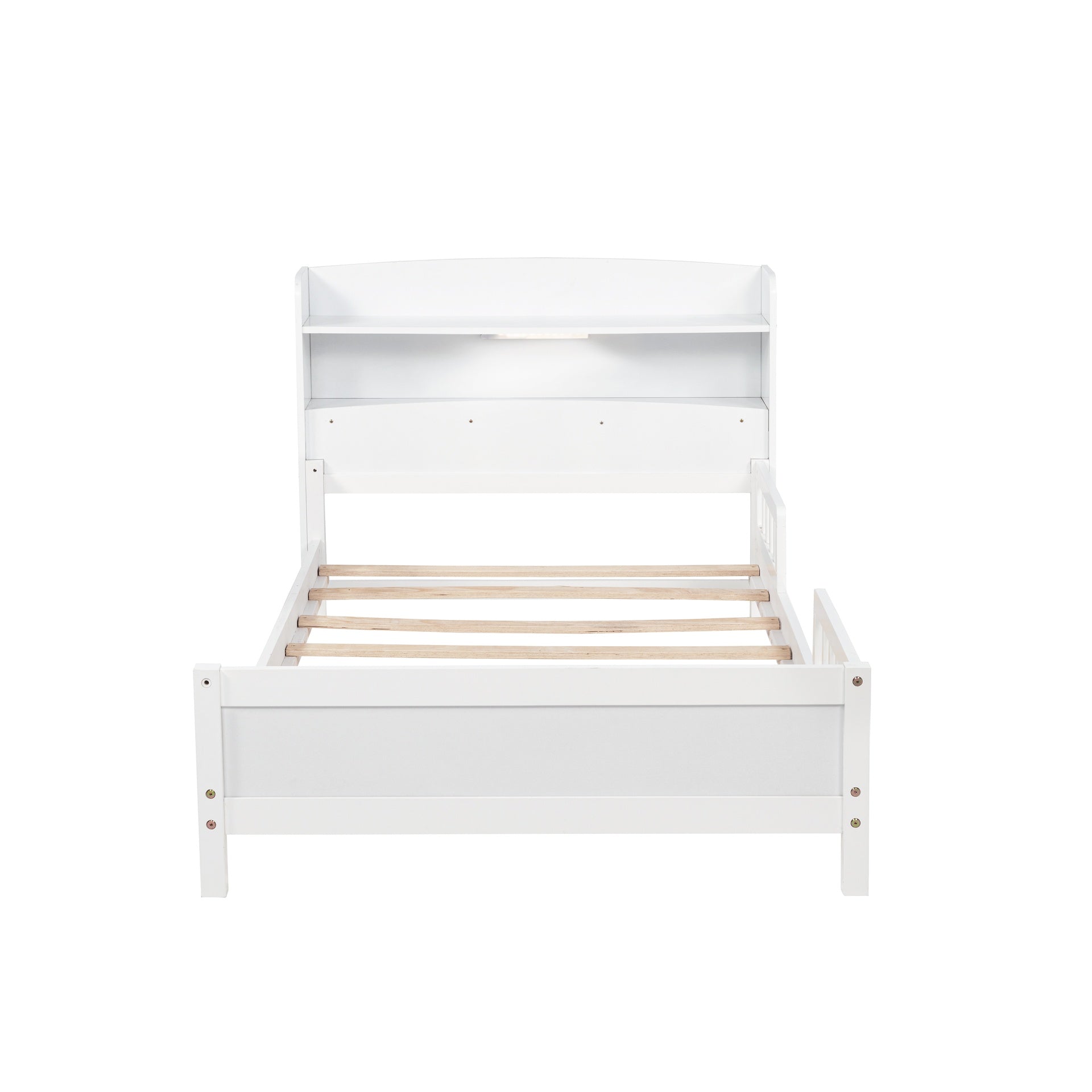 Twin Pine Wood Bed with Bookcase Headboard ,LED Motion Sensor Light, Guardrails,White