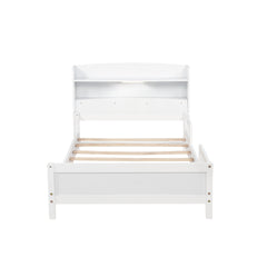 Twin Pine Wood Bed with Bookcase Headboard ,LED Motion Sensor Light, Guardrails,White