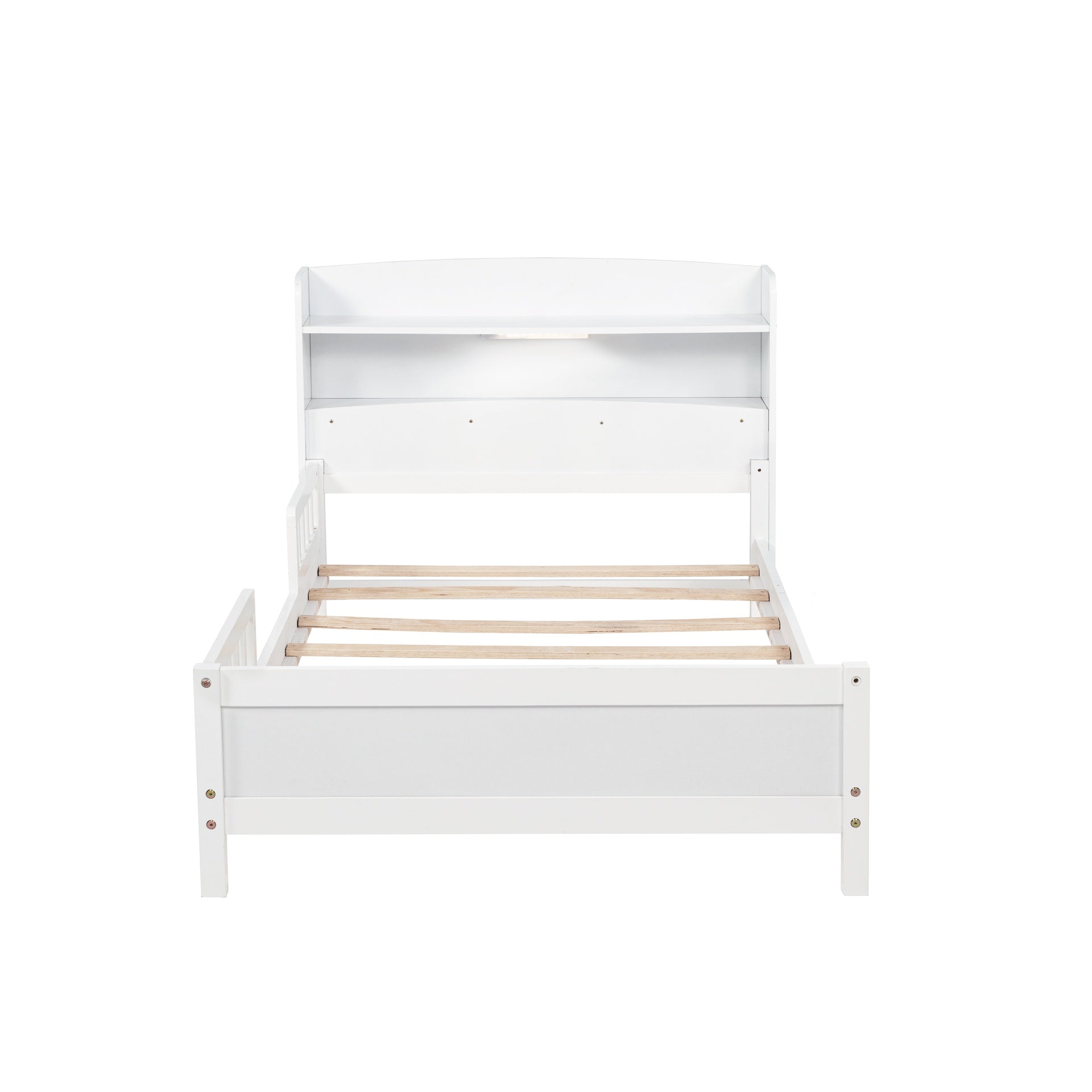 Twin Pine Wood Bed with Bookcase Headboard ,LED Motion Sensor Light, Guardrails,White