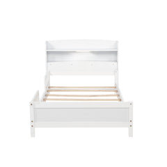 Twin Pine Wood Bed with Bookcase Headboard ,LED Motion Sensor Light, Guardrails,White