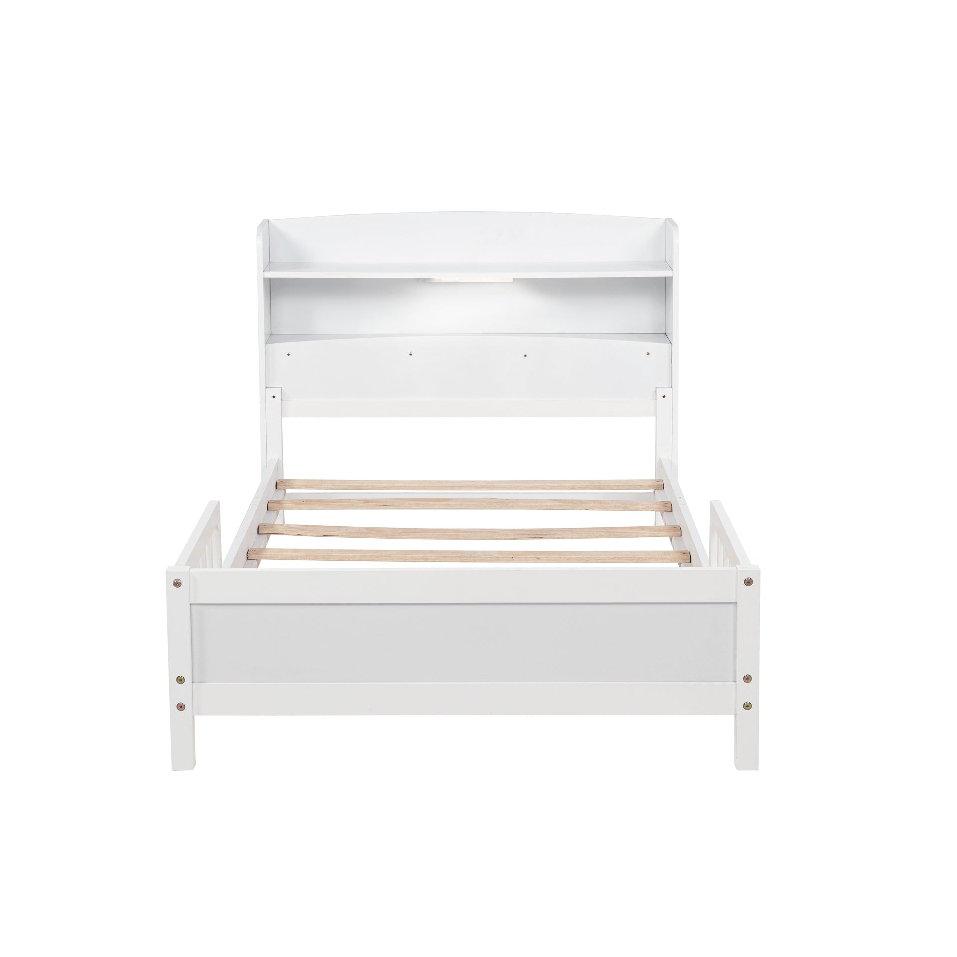 Twin Pine Wood Bed with Bookcase Headboard ,LED Motion Sensor Light, Guardrails,White