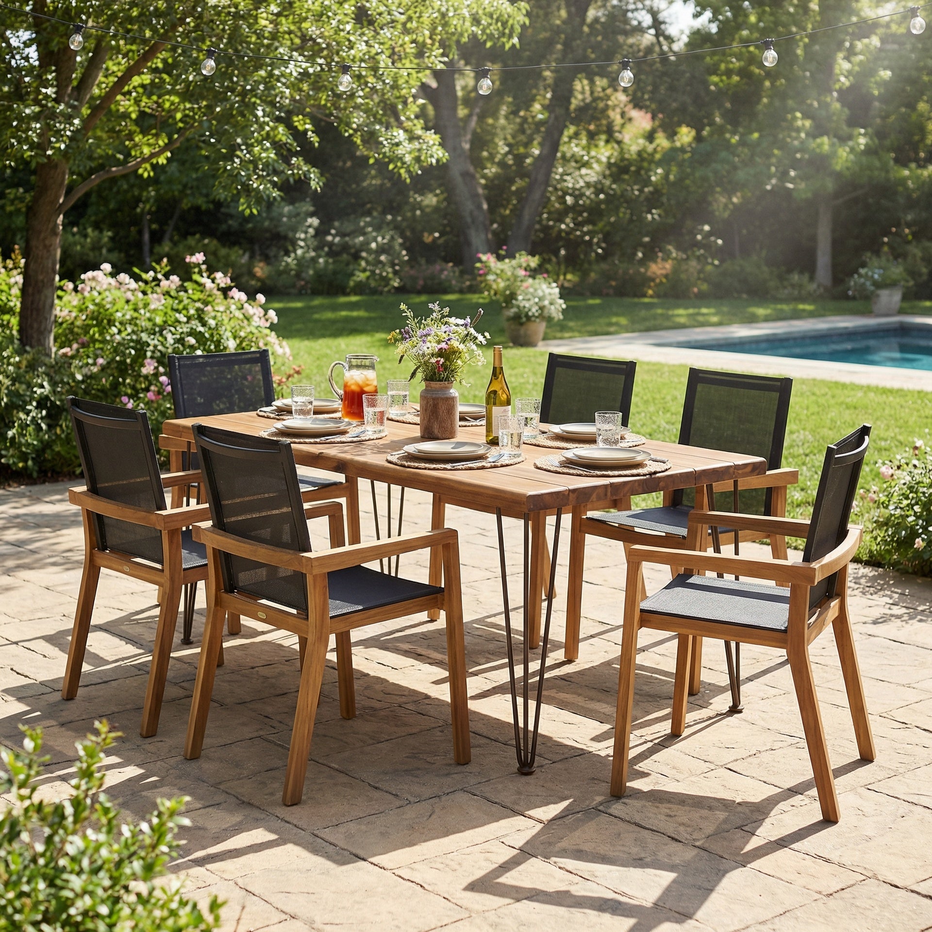 7 Pieces Acacia Wood Outdoor Dining Set s,Modern 6 Chairs 1 Large Table, Dining Furniture Set for Lawn, Backyard, Garden Deck,Poolside,Teak